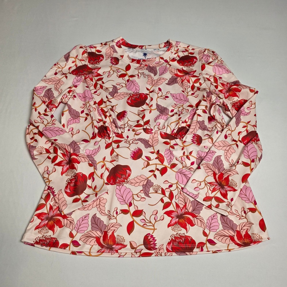 Tenth + Ocean Rash Guard Women L Pink Red Floral UPF 50 Empire Waist Long Sleeve